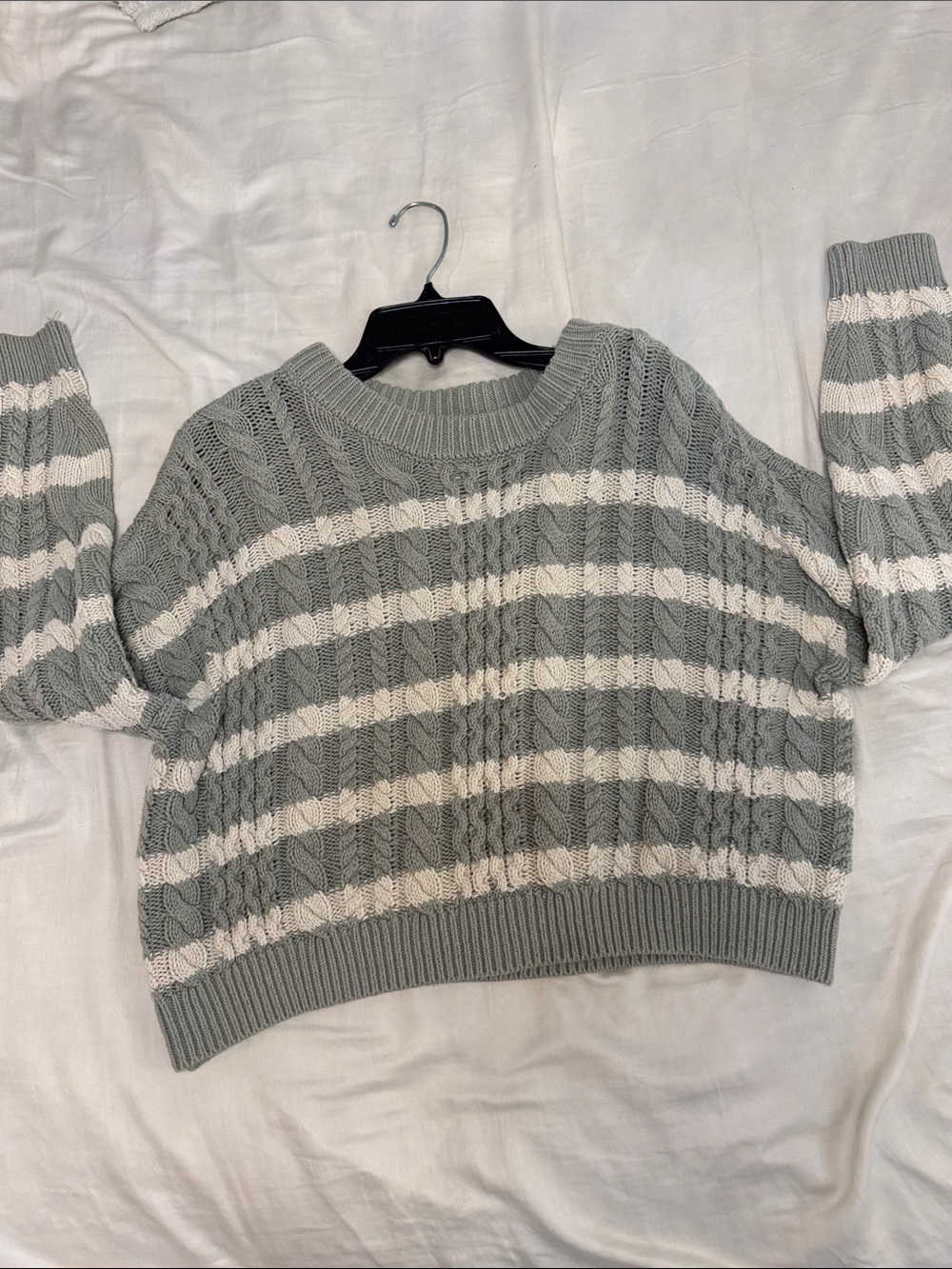 Jessica Simpson Gray and Cream Striped Cable Knit Crewneck Sweater
